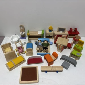 HUGE LOT Vintage Plan Toys Wooden Dollhouse Furniture Bedroom Kitchen + MORE - Picture 1 of 3