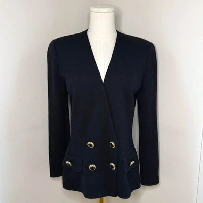 Blazer cardigã vintage St. John preto Santana malha com botões dourados - Imagem 1 de 4