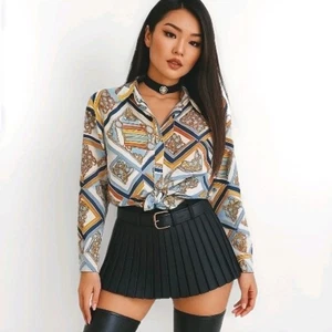 Millenium Women’s 1X Button Down Blouse Scarf Chain Print Long Sleeve Rayon Top - Picture 1 of 8
