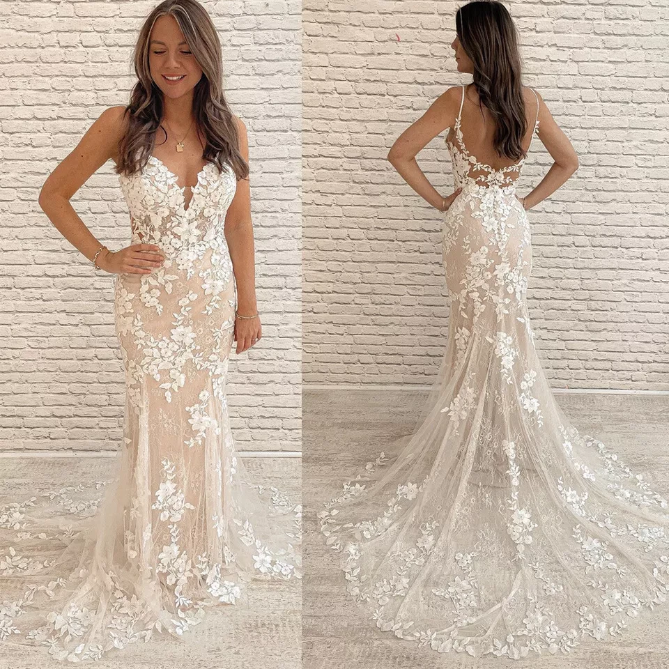 Elegante Boho Playa Sirena Vestidos de Boda Correas Encaje Apliques Sin Mangas Foto 1 de 4