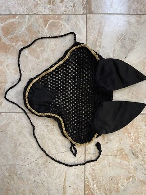 Red oreja caballo ganchillo negro/capó mosca/velo mosca con tubería dorada Foto 1 de 3