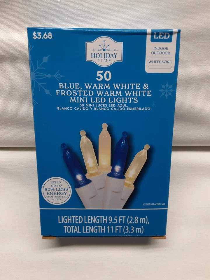 50 mini luzes de Natal LED azuis e brancas fio branco para ambientes internos e externos - Imagem 1 de 1