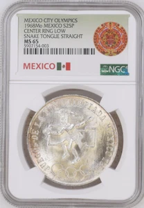:1968 Mo S25-PESOS MEXICO CITY OLYMPICS NGC MS65 UNEVEN RINGS STRAIGHT TONGUE II - Picture 1 of 2