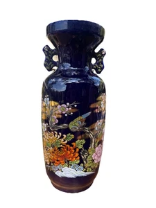 Beautiful Japanese Vase with Flowers 18” Cobalt With Floral And Birds - Picture 1 of 5