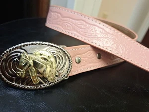NOCONA WESTERN PINK LEATHER COWGIRL'S BELT & HORSE HEAD BUCKLE Sz 26 - Picture 1 of 8