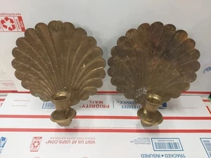 Pair Of Vintage Brass Shell Candle Wall Sconce Candleholder - Picture 1 of 10