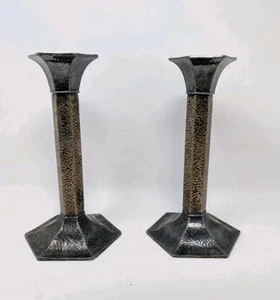 HAND HAMMERED! Mission-Style 8" Antique Candlesticks POOLE Silverplate Brass - Picture 1 of 8