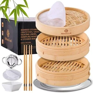 Bamboo Steamer Basket 2Tier Chinese Asian Cuisine Bun Vegetable Dumpling Kitchen - Picture 1 of 6