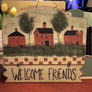 Large “WELCOME FRIENDS” Primitive Sign~Hand Painted~Salt Box Houses/Checkerboard - Picture 1 of 11