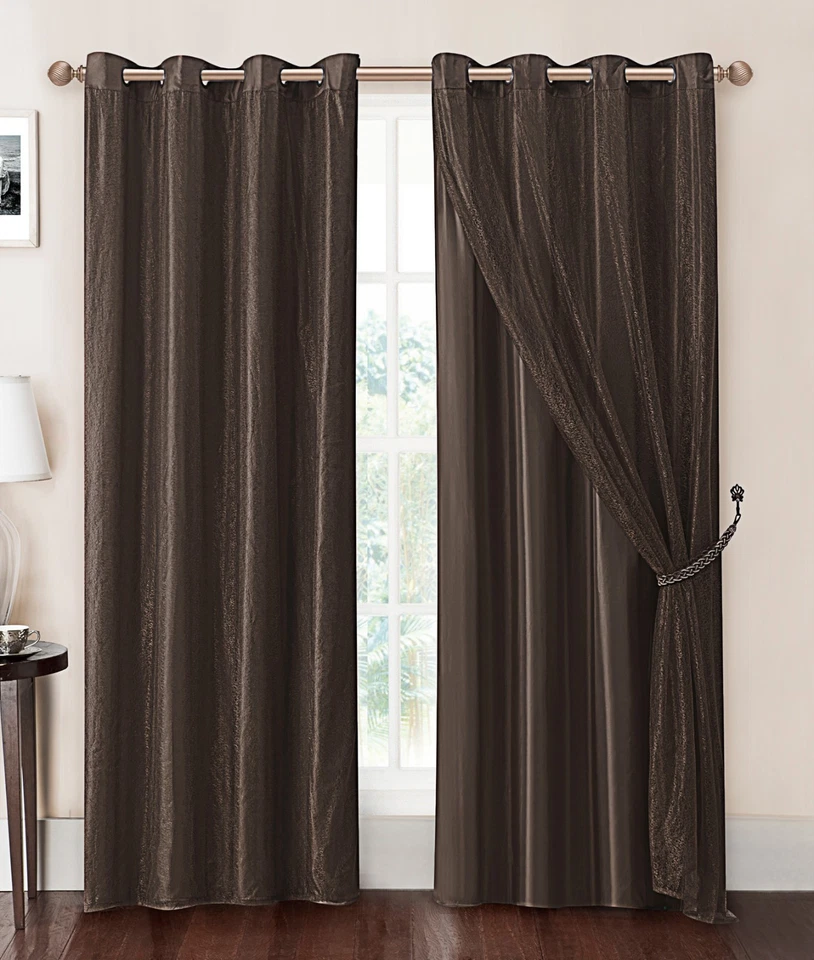 Chocolate Brown Double-Layer Window Curtain Panel with Sheer/Mesh Top and Metal - Image 1 of 1