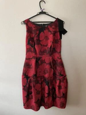 LANVIN en Bleu Dress Red and Black Floral Pattern Size 38 - Image 1 of 4
