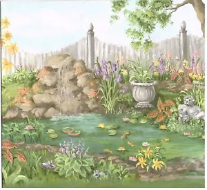* CASCADA DE ROCA JARDÍN EN ESTANQUE CERCAS Y ÁRBOLES BLANCOS Papel pintado BordeR Pared - Imagen 1 de 3