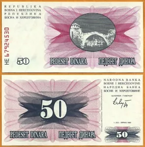 BOSNIA ED ERZEGOVINA 1992 UNC 50 Dinara banconota cartamoneta banconota P-12 - Foto 1 di 1