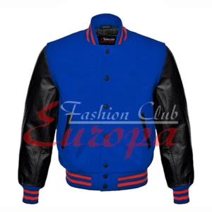 varsity Letterman College Blue Wool Jacket with Leather Sleeves XS-4XL - Picture 1 of 7