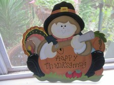 Happy Thanksgiving Sign Pilgrim Boy Turkey Cute Hardboard Vintage Unknown 11" sq