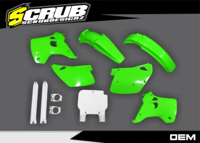 Kawasaki KX125 KX250 1992 1993 Kit de plástico color verde OEM con protectores de horquilla Foto 1 de 4