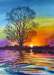 Watercolor Painting Nature Lake Sunset Seascape ACEO Art No.330 - Picture 1 of 2