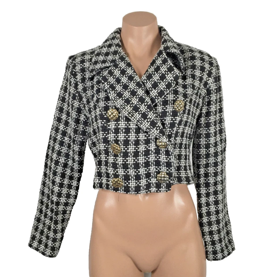 Blazer corto vintage años 90 y2k RAMPAGE tweed negro blanco dorado botones recorte despistado Foto 1 de 4