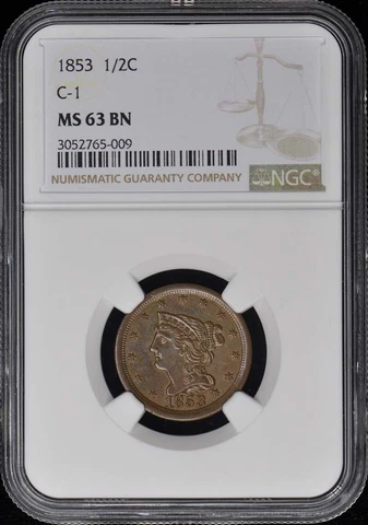 1853 Coronet, Braided Hair Half Cent C-1 1/2C NGC MS63BN Cover