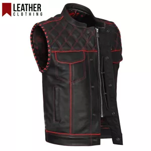 Men's Black Leather Vest Diamond Motorbike Motorcycle Concealed Red Waistcoat - Picture 1 of 8
