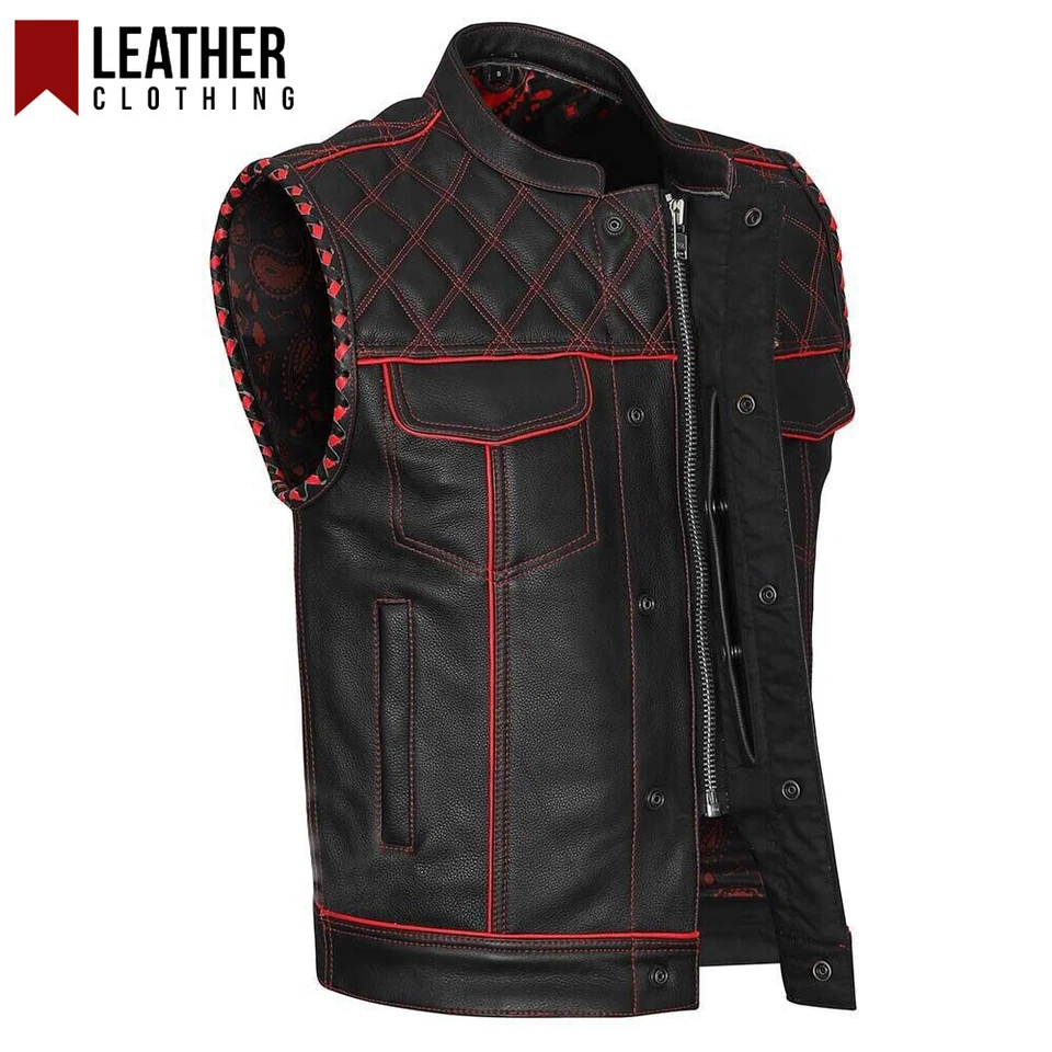 Men's Black Leather Vest Diamond Motorbike Motorcycle Concealed Red Waistcoat - Image 1 of 4