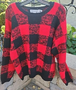 Vintage GAP Sweater Mens Large Black Red Buffalo Plaid Wool Woolmark Thick - Picture 1 of 8