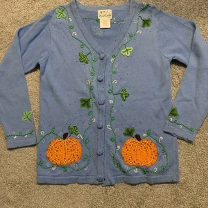 Quacker Factory Fall Pumpkins Cardigan Button Up Blue Beaded Size Small Teacher - Picture 1 of 10