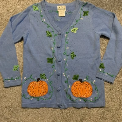 Quacker Factory Fall Pumpkins Cardigan Button Up Blue Beaded Size Small Teacher - Image 1 of 4
