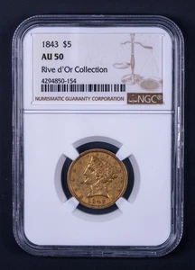 1843 Liberty Head Half Eagle Rive d'Or Collection $5 GOLD NGC AU50 RB145 - Picture 1 of 2