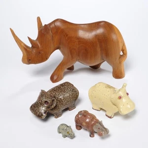 Kenya African Ceramic Carved Stone Wood Hippo Hippopotamus Rhino Figurine 5p Lot - Picture 1 of 10