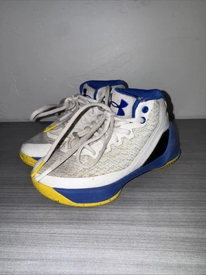 Kids Under Armour Curry 3 Dub Nation Home White Shoes US Size 11K Blue Yellow - Image 1 of 4