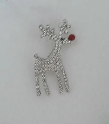 Nuevo broche prendedor nariz ciervo esmalte rojo cristales transparentes/blancos tono plateado adorable Foto 1 de 4