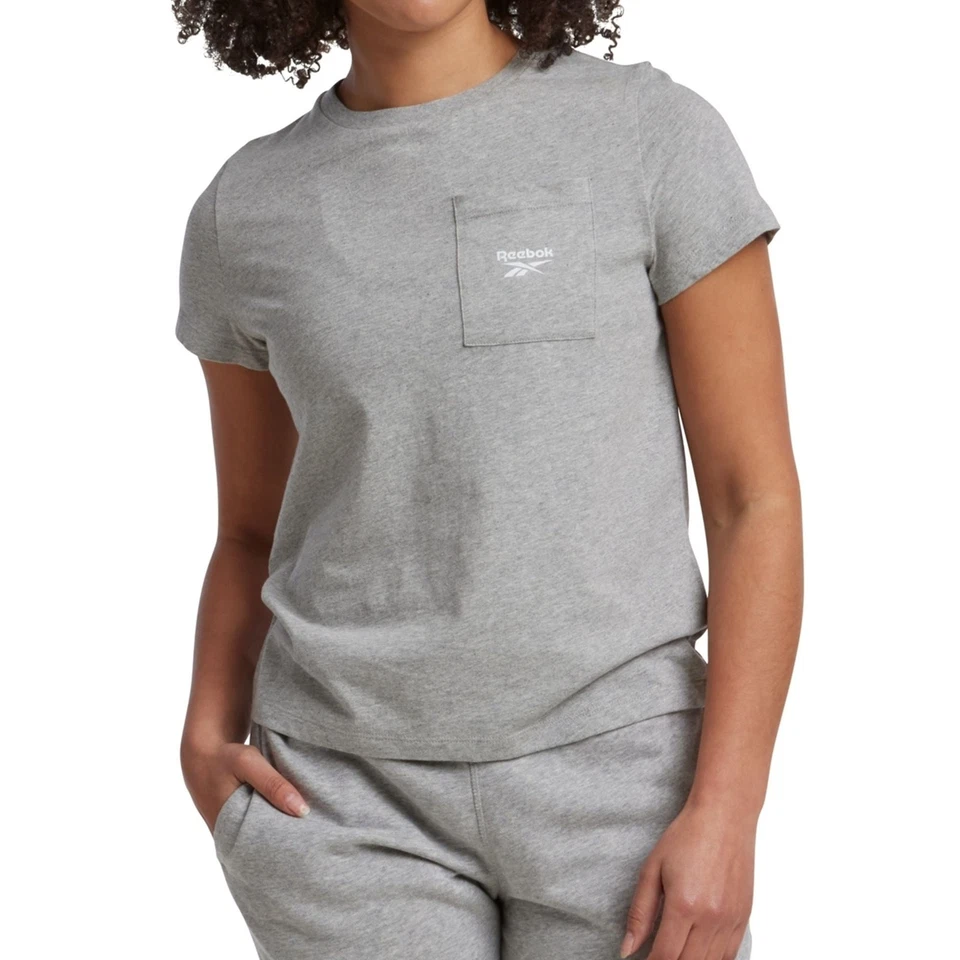 Reebok Women's Gray Small-Logo Pocket Cotton T-Shirt Top Size M
