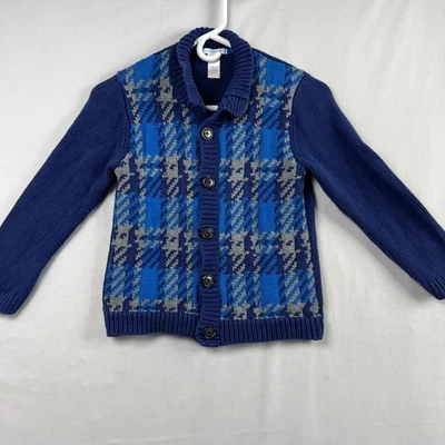 Janie and Jack Sweater Boys Size 6 Cardigan Blue Plaid Cotton Preppy Classic - Image 1 of 4