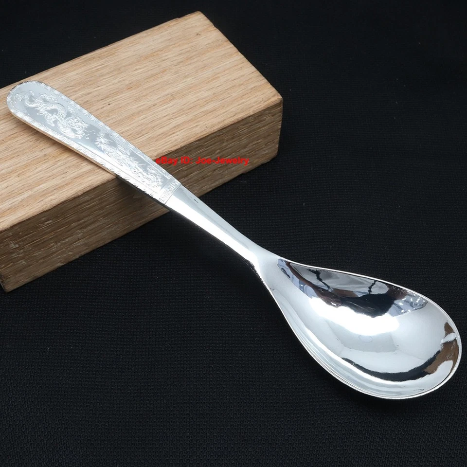 JOE-JEWELRY NEW Real 999 Fine Silver Spoon Lucky Character 龙凤 Handle Dinner Spoon 4.72inch L