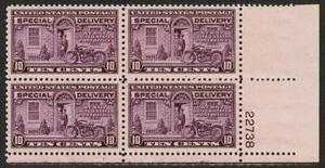 US USA Sc# E15 MNH FVF PLATE# BLOCK 11x10.5 Special Delivery Post Man Motorcycle - Picture 1 of 1