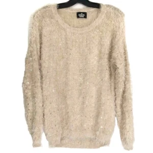 Gold Sparkly Sequin Fuzzy Knit Sweater Creme Furry Eyelash Fabric Stretchy Large - Picture 1 of 13