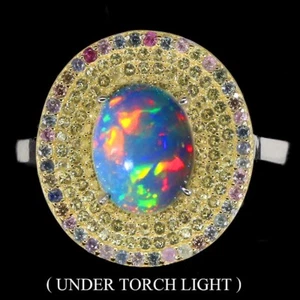 925 Sterling Silver Ring Oval Fire Opal 9x7mm Sapphire Gemstone Jewelry Size 7 - Picture 1 of 10