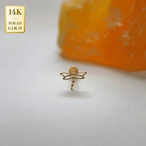 14K Solid Gold Dragon Fly Piercing Internal Thread Earring Flatback 18 Gauge - Picture 1 of 11