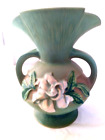 40's Roseville Art Pottery Green Tone Gardenia 684-8" USA Fluted Handled Vase
