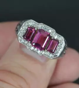 Hallmarked 14ct White Gold Pink Tourmaline and Diamond Trilogy Cluster Ring - Picture 1 of 14