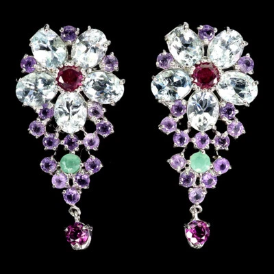 925 Sterlingsilber Ohrringe Ovaler Aquamarin Amethyst Smaragd Edelstein - Bild 1 von 4