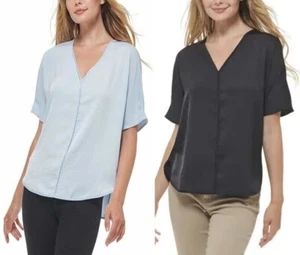 DKNY Jeans Ladies' Short Sleeve V-Neck Top Blouse Black, Blue S  L NWT - Picture 1 of 7