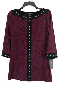 Style & Co Tunic Top Geo Studded 3/4 Sleeve Serene Maroon/Black Poly/Spandex PS - Picture 1 of 6
