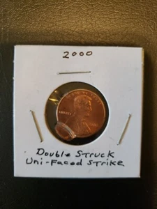 2000 P Lincoln cent, no mint mark, double struck, uni-faced strike, EF, A6-10 - Picture 1 of 4