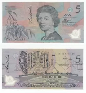 🔴AUSTRALIA 5 Dollars ND1992 VF Polymer QEII banknote Serial prefix AA 96 - Picture 1 of 1