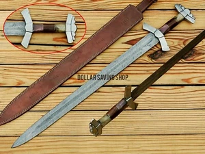 Hand Forged Medieval Knight Templar Damascus Steel Sword with Leather Cover - Picture 1 of 8