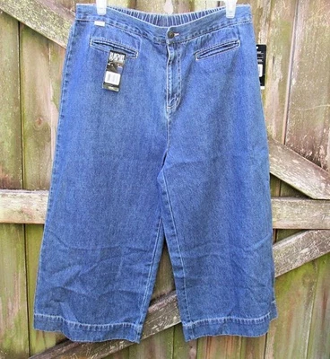 BLASSPORT Womens Size 16 Wide Leg Gaucho Blue Denim Crop Pants NWT Stretch Waist - Image 1 of 4