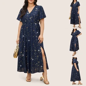 Plus Size Women Star Print Glitter Maxi Dress Side Split Holiday Beach Sundress - Picture 1 of 12