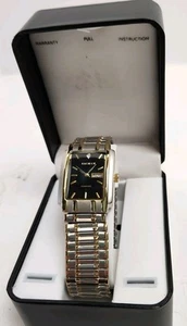 Vtg ELGIN Fashion Tank Watch Silver Gold Finish Diamond Day Date Stretch ELM09 - Picture 1 of 6